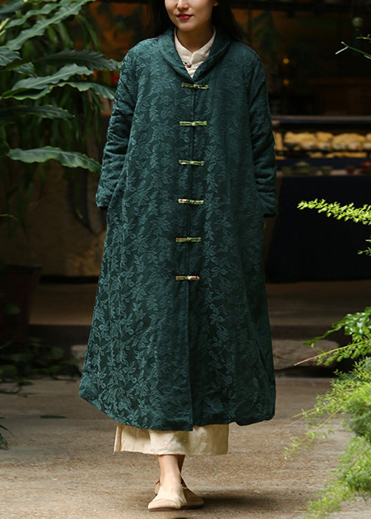 Jacquard Blackish Green Button Pockets Warm Fleece Long Coat Winter