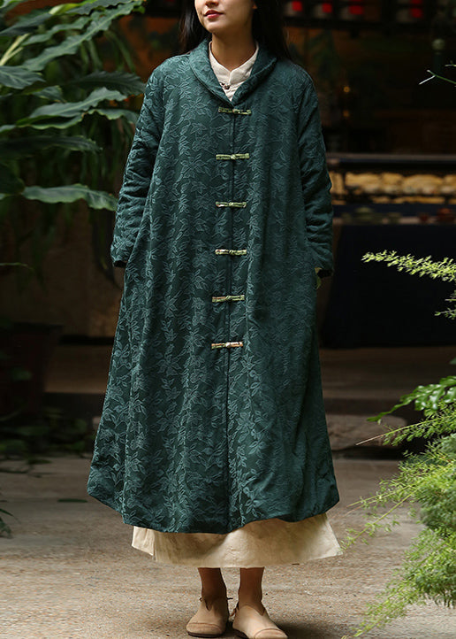 Jacquard Blackish Green Button Pockets Warm Fleece Long Coat Winter