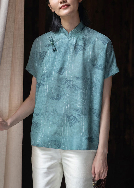 Jacquard Blue Stand Collar Button Silk Shirt Short Sleeve