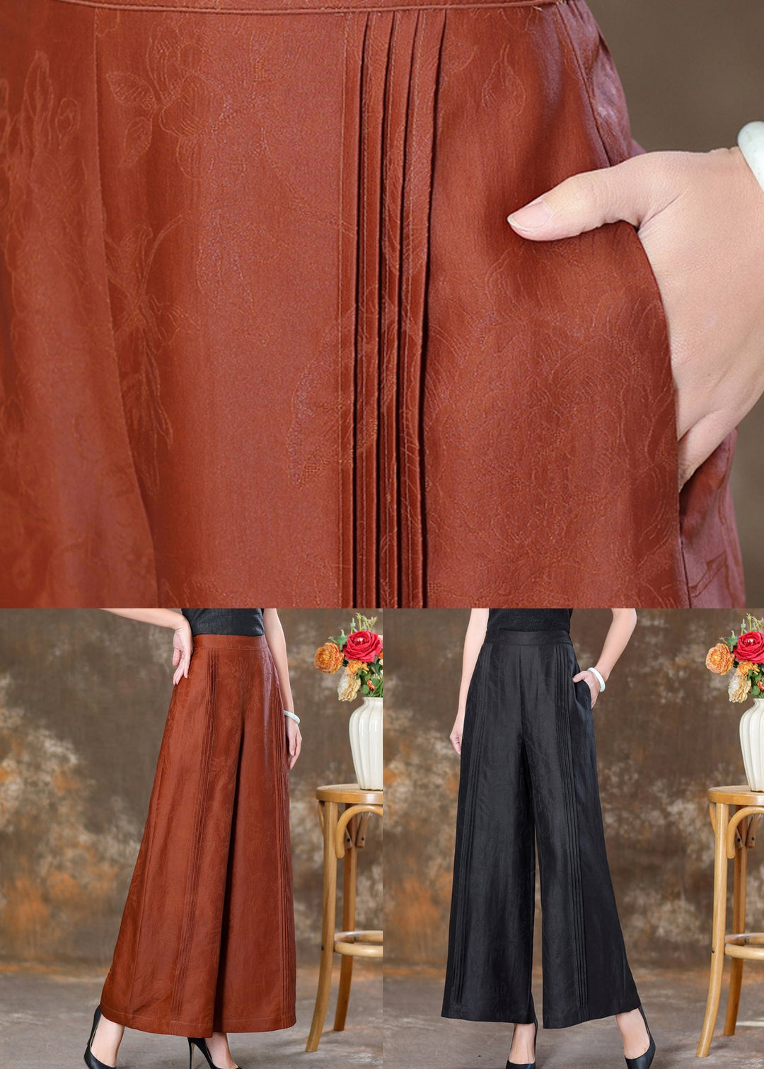 Jacquard Brick Red Pockets High Waist Silk Velour Pants Spring