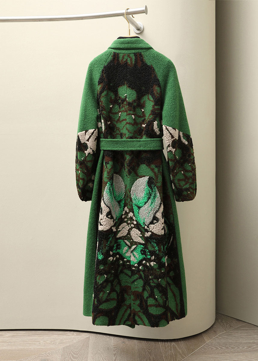 Jacquard Green Notched Tie Waist Woolen Long Coats Fall