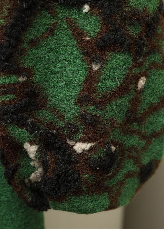 Jacquard Green Notched Tie Waist Woolen Long Coats Fall