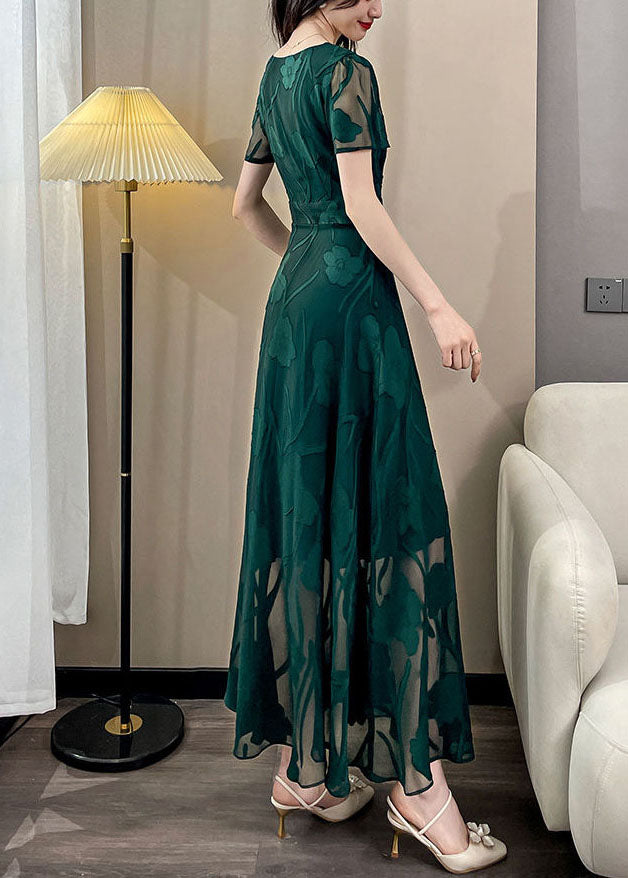 Jacquard Green Square Collar Draping Chiffon Maxi Dresses Summer
