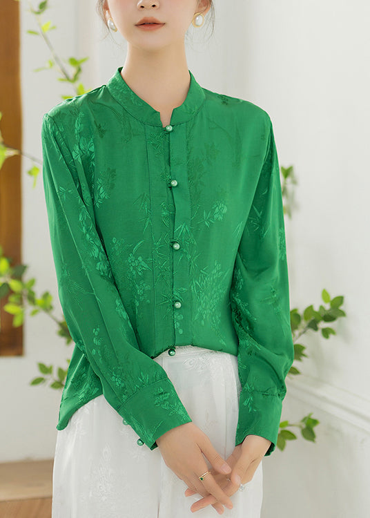 Jacquard Green Stand Collar Button Silk Shirt Long Sleeve