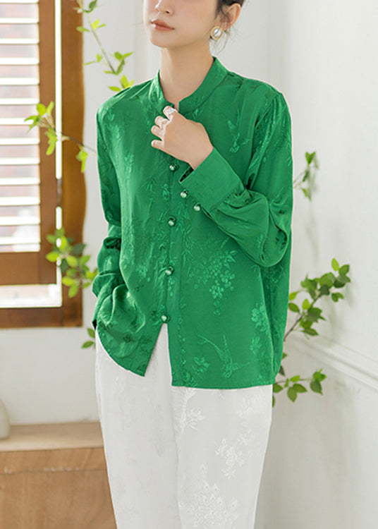 Jacquard Green Stand Collar Button Silk Shirt Long Sleeve