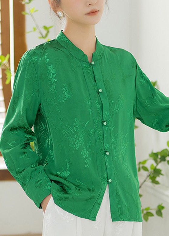 Jacquard Green Stand Collar Button Silk Shirt Long Sleeve