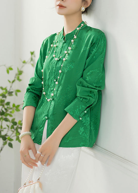 Jacquard Green Stand Collar Button Silk Shirt Long Sleeve