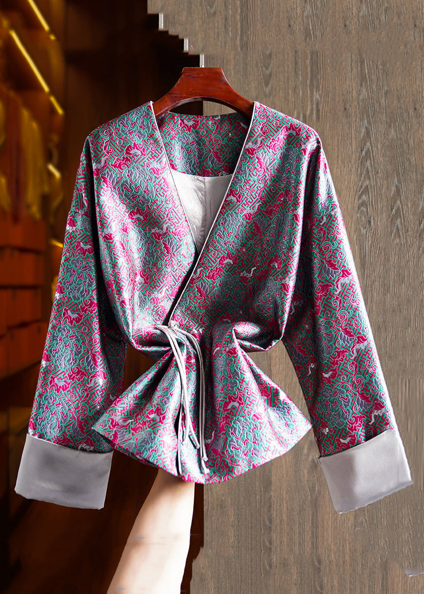 Jacquard Green V Neck Chinese Button Patchwork Silk Coats Long Sleeve