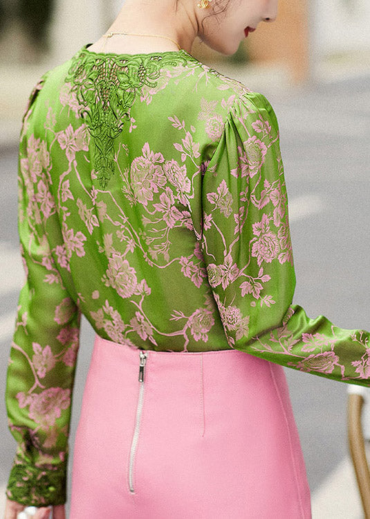 Jacquard Green V Neck Embroidered Button Silk Top Long Sleeve
