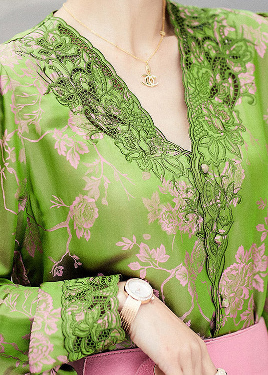 Jacquard Green V Neck Embroideried Button Silk Top Long Sleeve