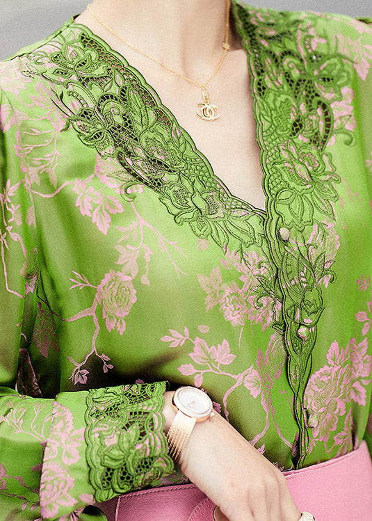Jacquard Green V Neck Embroidered Button Silk Top Long Sleeve