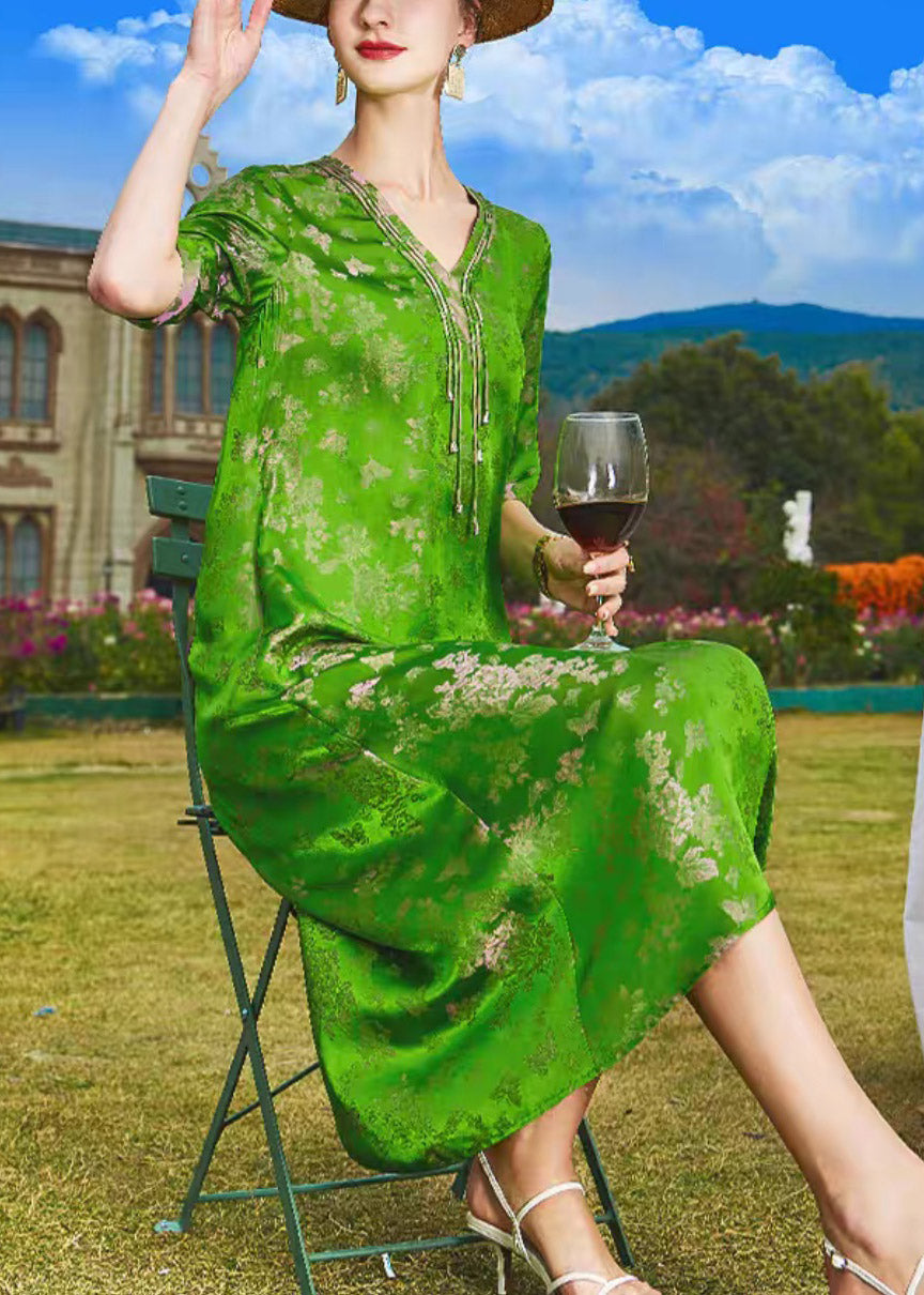 Jacquard Green V Neck Tassel Holiday Silk Long Dress Short Sleeve