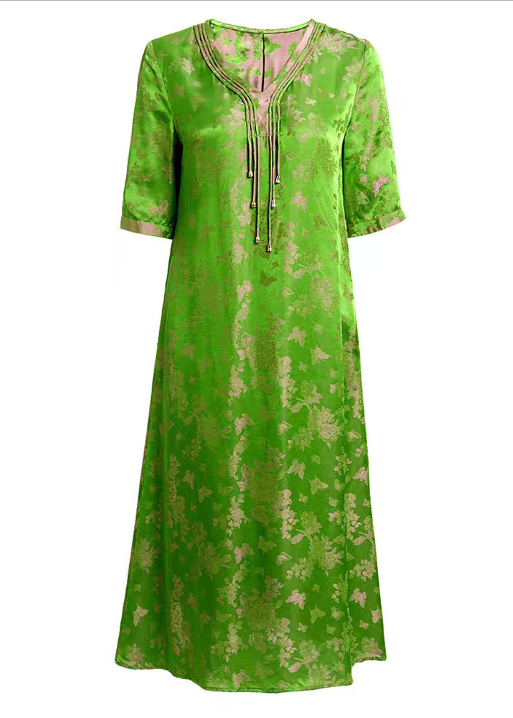 Jacquard Green V Neck Tassel Holiday Silk Long Dress Short Sleeve