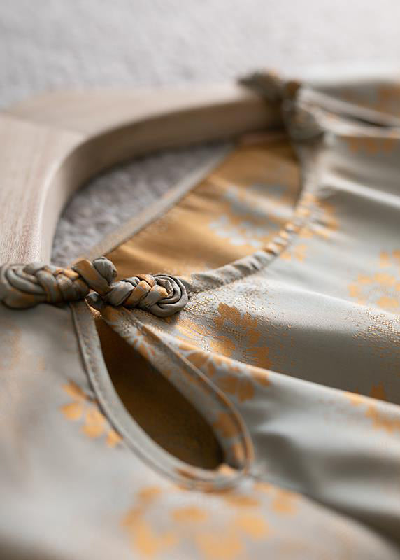 Jacquard Grey O Neck Button Patchwork Silk Shirt Tops Fall