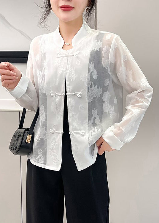 Jacquard Grey Stand Collar Patchwork Silk Shirts Fall