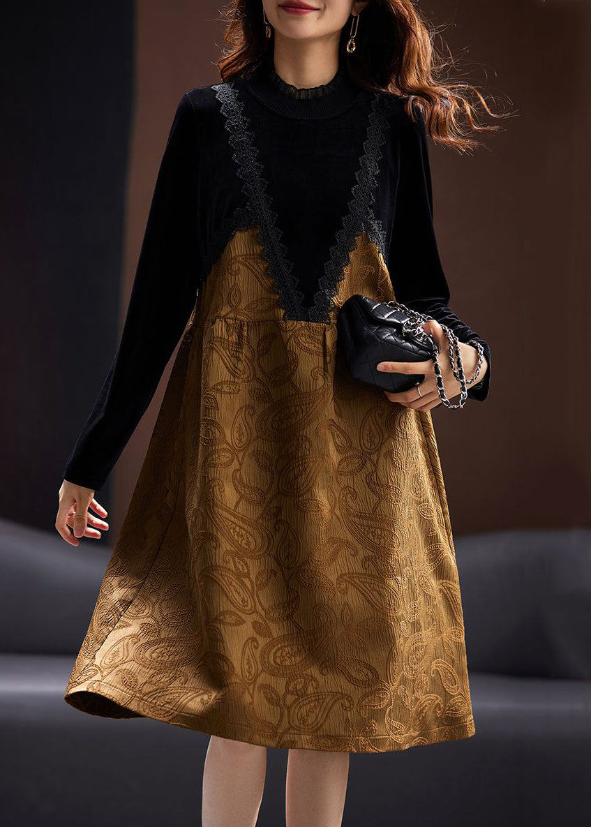 Jacquard Khaki Lace Patchwork False Two Pieces Silk Velour Dresses Spring