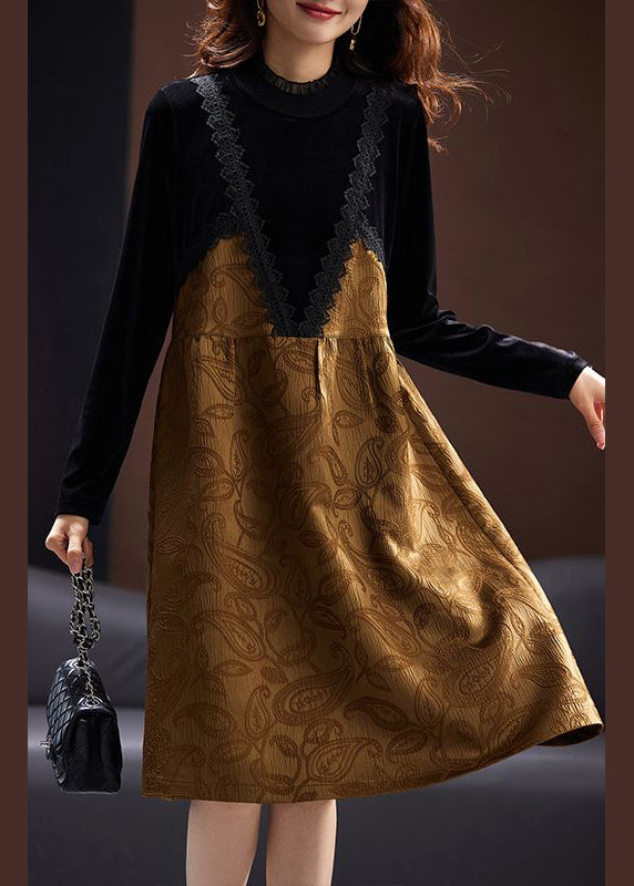 Jacquard Khaki Lace Patchwork False Two Pieces Silk Velour Dresses Spring