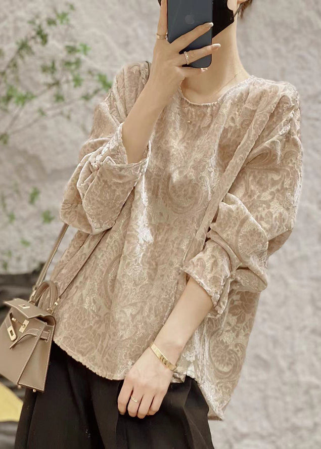 Jacquard Khaki O Neck Patchwork Silk Velour Shirt Fall