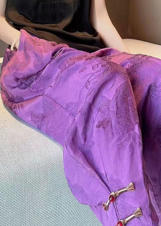 Jacquard Purple Pockets Elastic Waist Patchwork Silk Crop Pants Fall