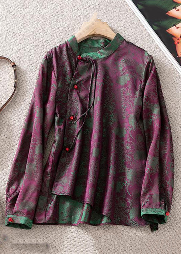 Jacquard Purple Stand Collar Button Silk Shirt Top Fall - Omychic