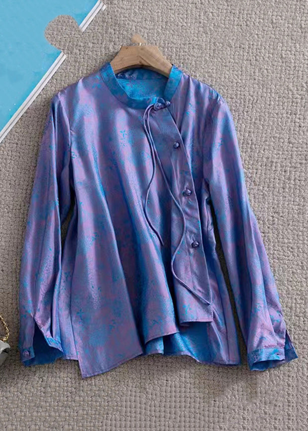 Jacquard Purple Stand Collar Button Silk Shirt Top Fall - Omychic
