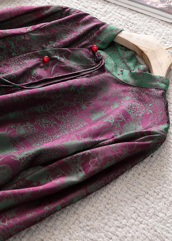 Jacquard Purple Stand Collar Button Silk Shirt Top Fall - Omychic