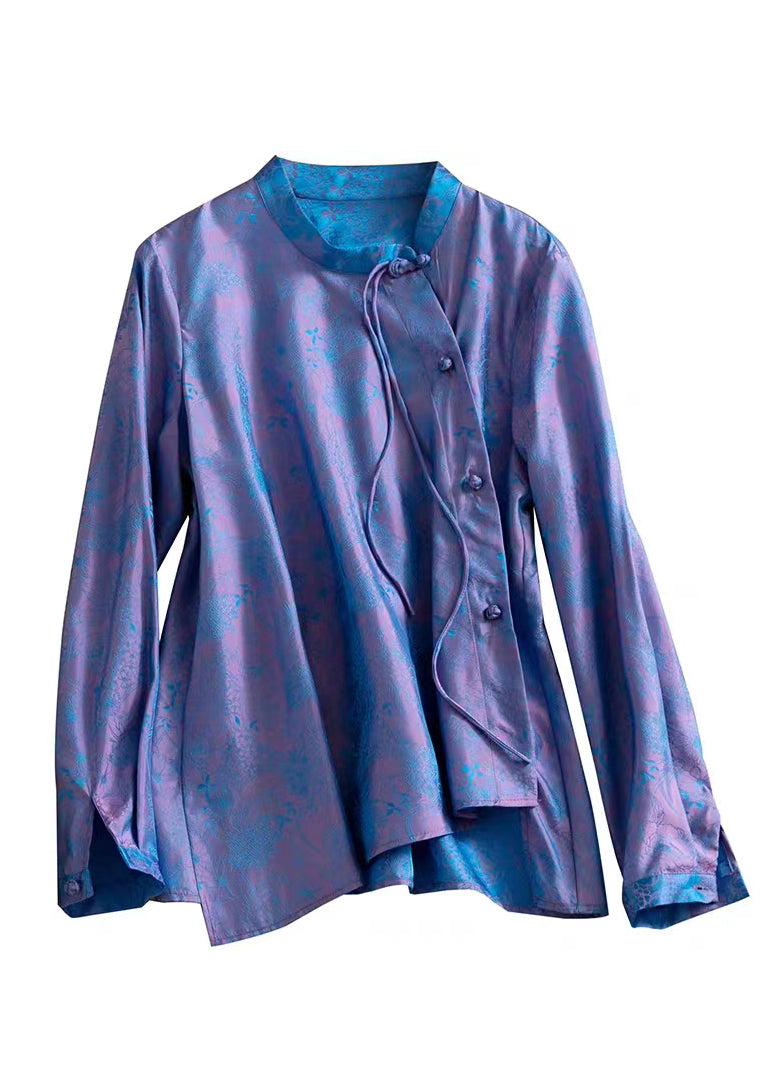 Jacquard Purple Stand Collar Button Silk Shirt Top Fall - Omychic