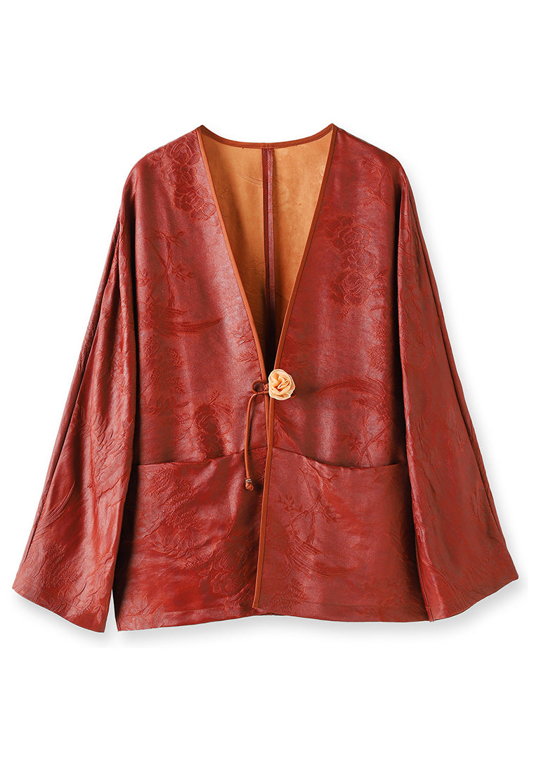 Jacquard Red Button Pockets Patchwork Silk Coats Fall