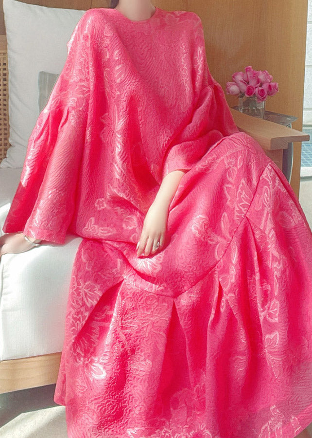 Jacquard Red O-Neck Silk Maxi Dress Flare Sleeve