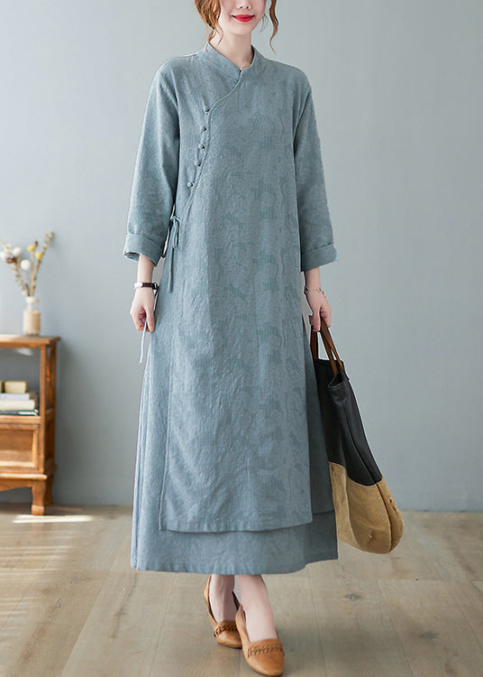 Jacquard Sky Blue Stand Collar Button Lace Up Cotton Long Dresses Fall