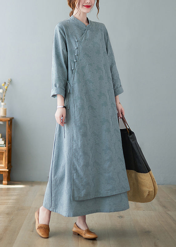 Jacquard Sky Blue Stand Collar Button Lace Up Cotton Long Dresses Fall
