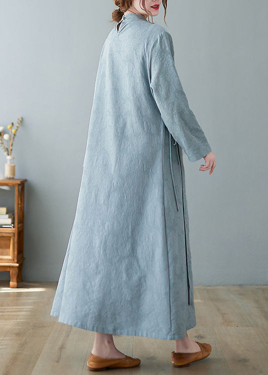 Jacquard Sky Blue Stand Collar Button Lace Up Cotton Long Dresses Fall