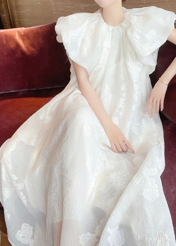 Jacquard White O-Neck Silk Long Dresses Short Sleeve - Omychic