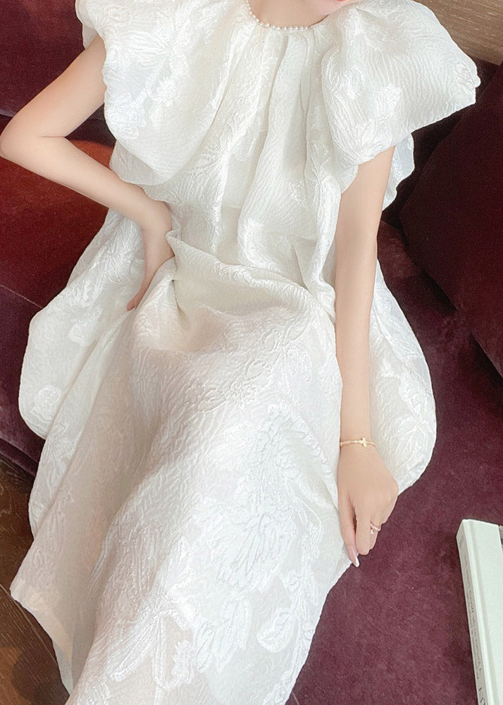 Jacquard White O-Neck Silk Long Dresses Short Sleeve - Omychic