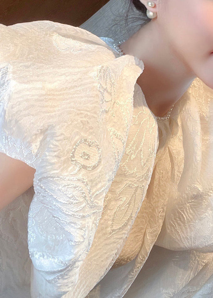 Jacquard White O-Neck Silk Long Dresses Short Sleeve - Omychic