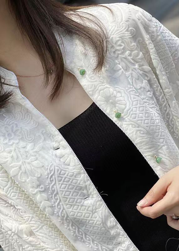Jacquard White Stand Collar Button Silk Velour Coat Fall
