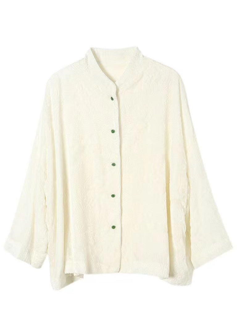 Jacquard White Stand Collar Button Silk Velour Coat Fall
