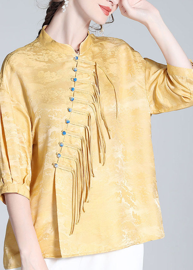 Jacquard Yellow Stand Collar Button Silk Shirts Spring