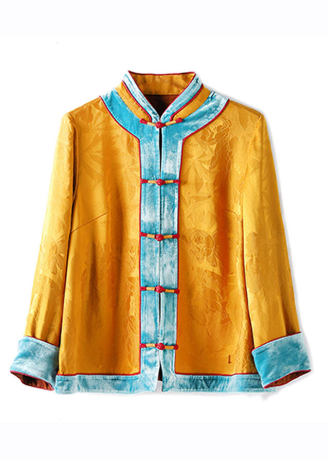 Jacquard Yellow Stand Collar Patchwork Button Silk Shirt Long Sleeve