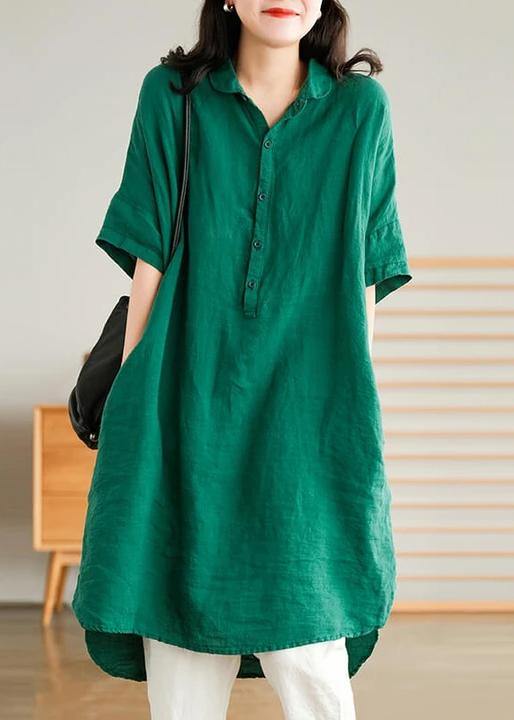 Jade blue-snowflake Linen Women Casual Linen Shirt Dress