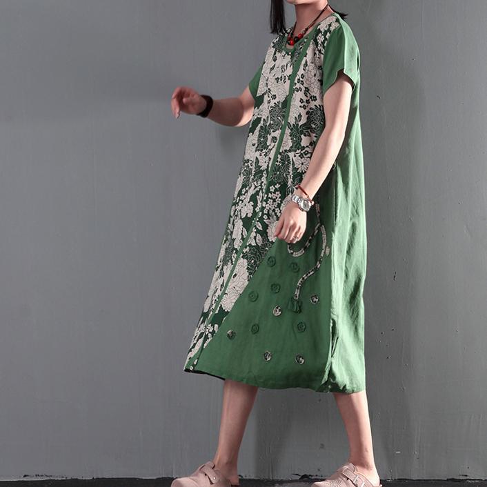 Joyful summer long linen sundresses plus size causal summer dresses gown caftan short sleeve green - Omychic