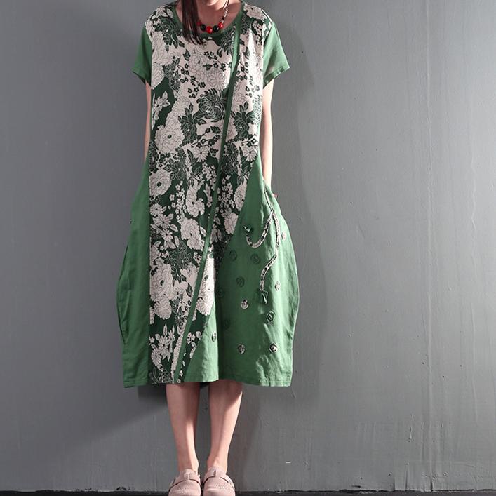 Joyful summer long linen sundresses plus size causal summer dresses gown caftan short sleeve green - Omychic