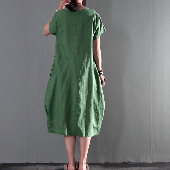 Joyful summer long linen sundresses plus size causal summer dresses gown caftan short sleeve green - Omychic