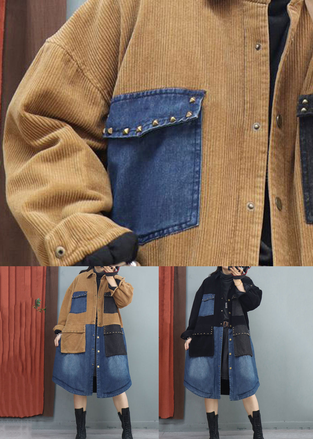 Khaki Button Denim Patchwork Long Coats Rivet Long Sleeve