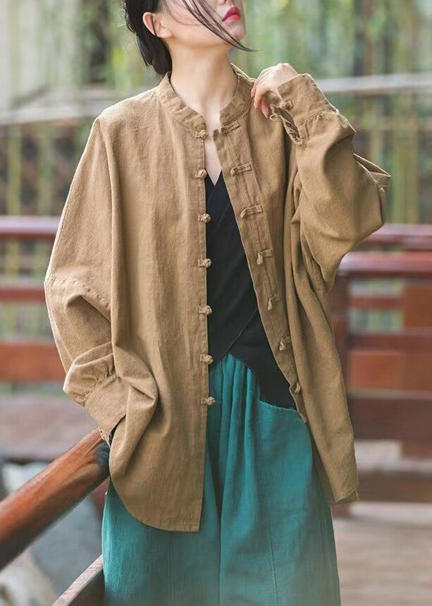 Khaki Button Patchwork Cotton Coats Stand Collar Spring