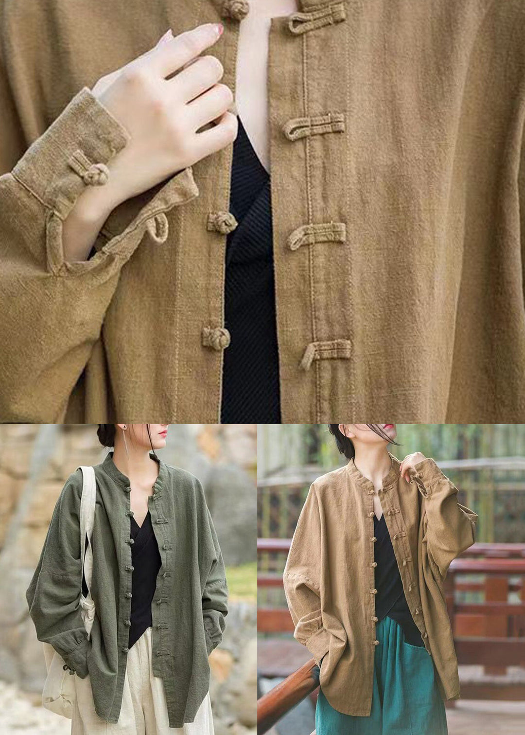 Khaki Button Patchwork Cotton Coats Stand Collar Spring