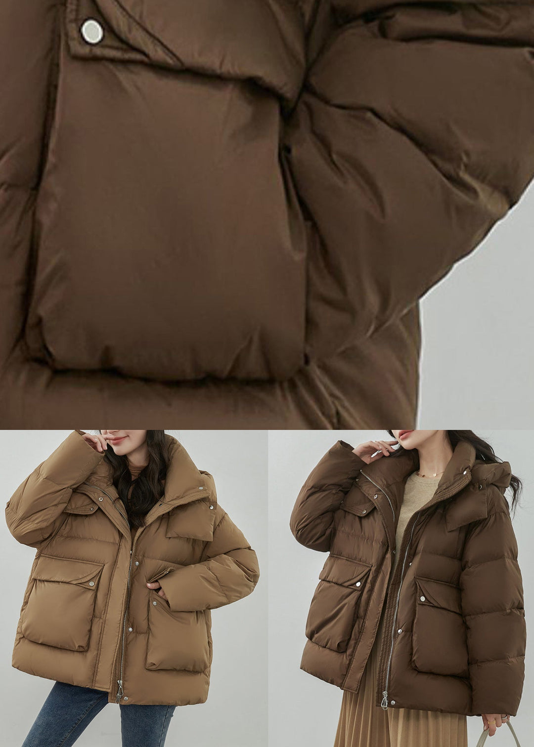 Khaki Button Patchwork Duck Down Coat Hooded Long Sleeve