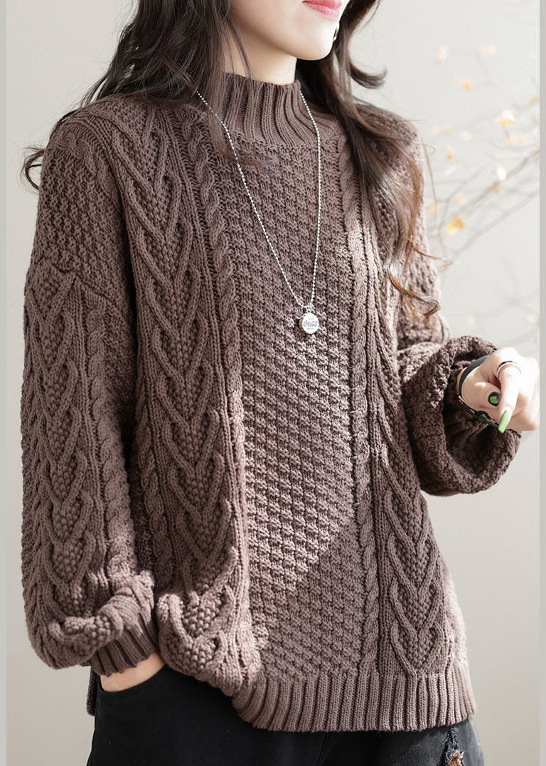 Khaki Cable Knit Sweater Tops High Neck Oversized Winter