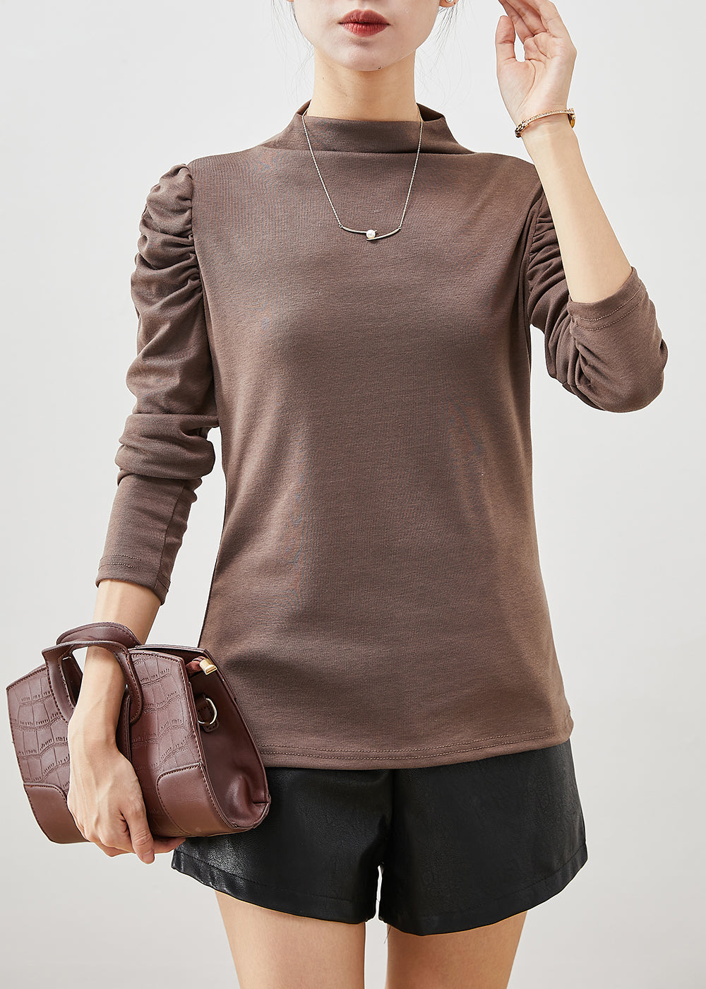 Khaki Cotton Shirt Top Stand Collar Puff Sleeve