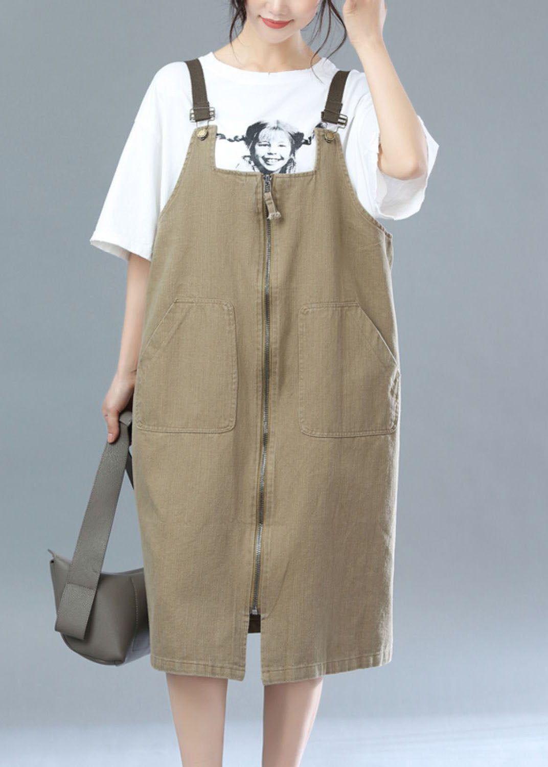 Khaki Cotton Suspender Dresses Zip Up Summer